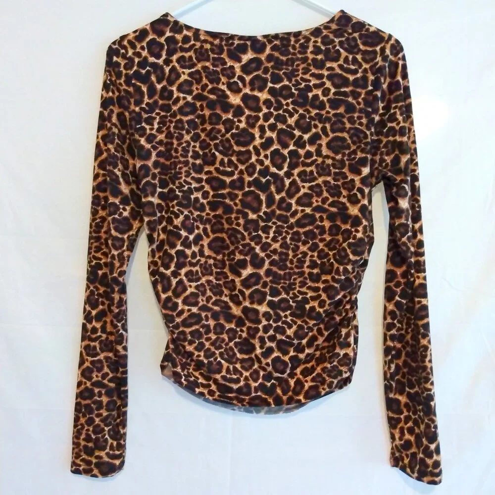 Just Polly Leopard Lace Trim Top L Ruched Sides Fitted Y2K Mob Wife Night Out - Picture 7 of 7